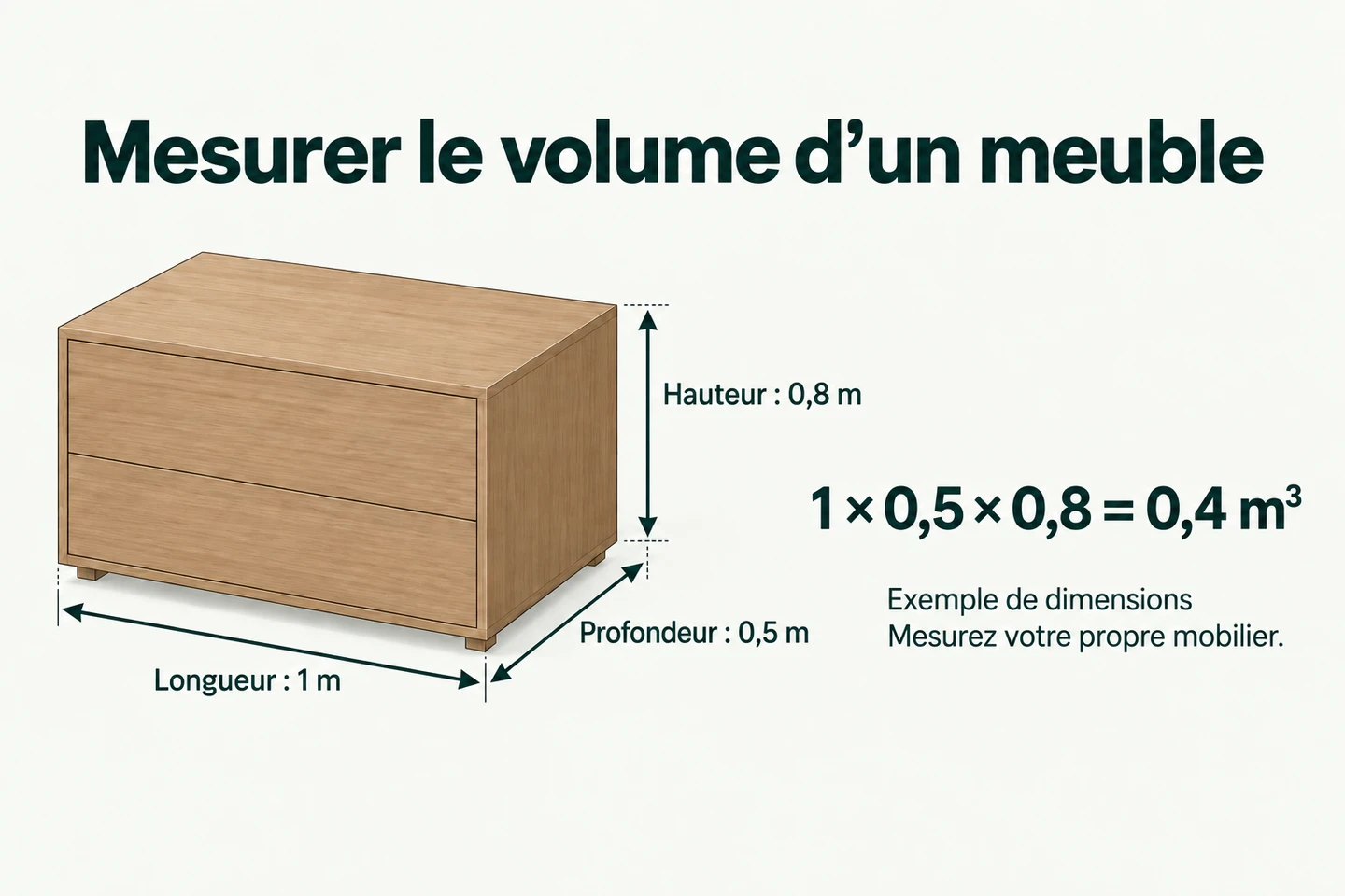 Schéma de calcul : longueur 1 m × profondeur 0,5 m × hauteur 0,8 m = 0,4 m³.
