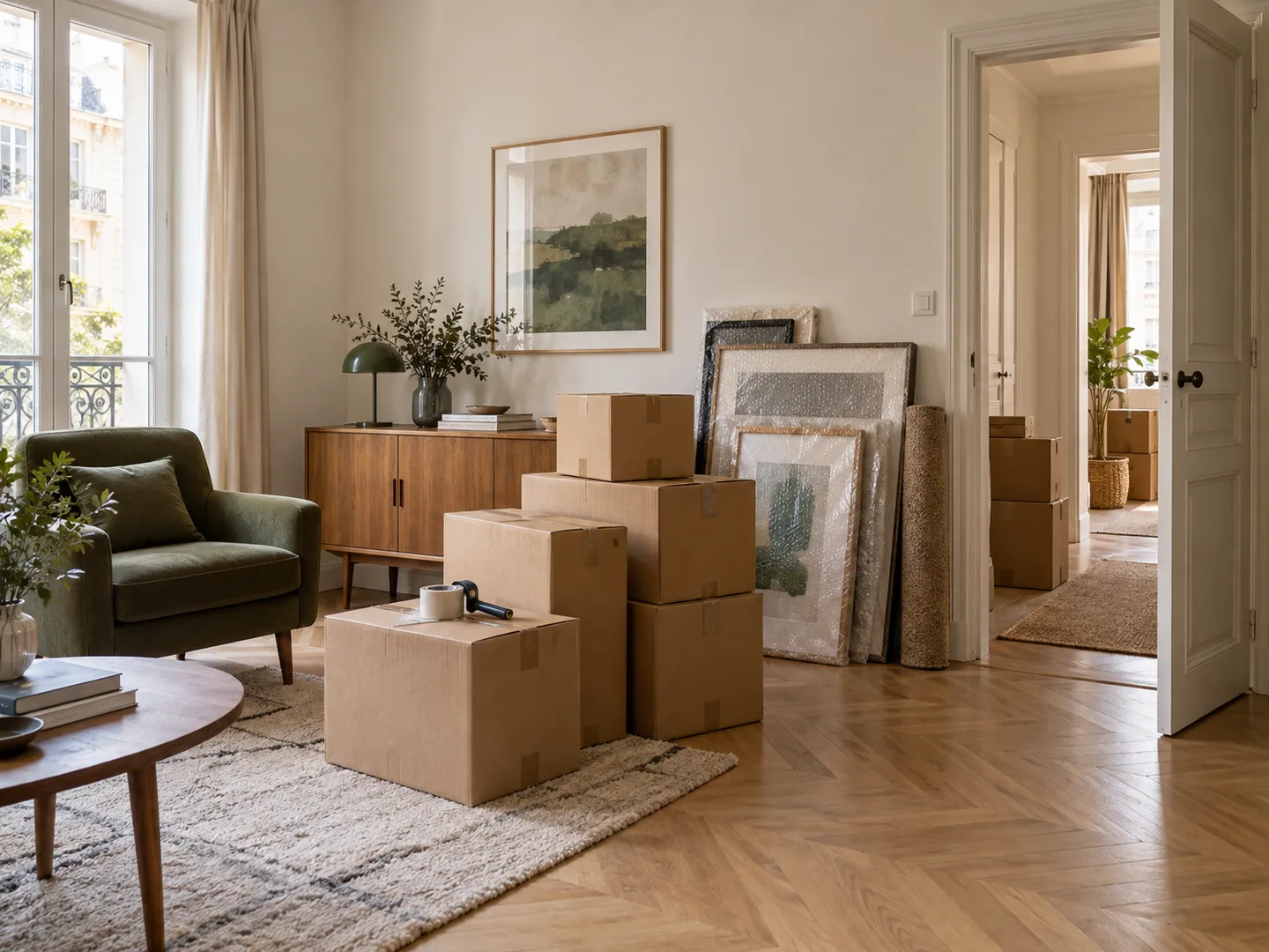 Meubles, cadres protégés et cartons préparés dans un appartement avant un débarras.