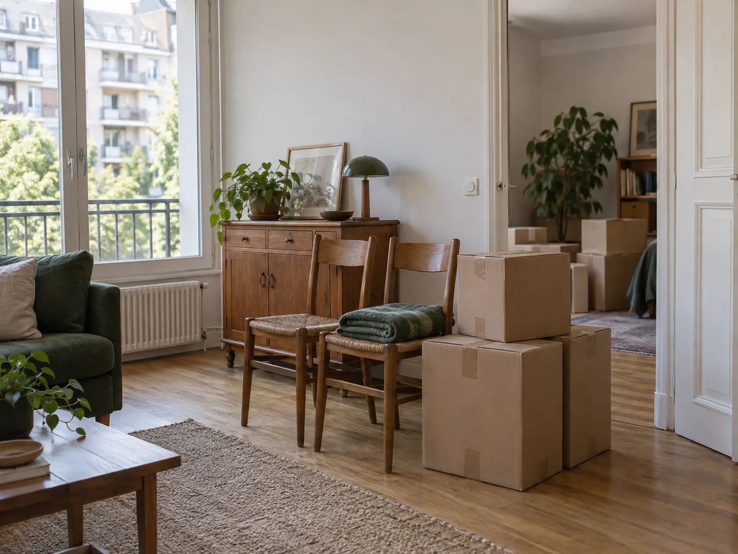 Meubles et cartons regroupés dans un appartement avant leur enlèvement.