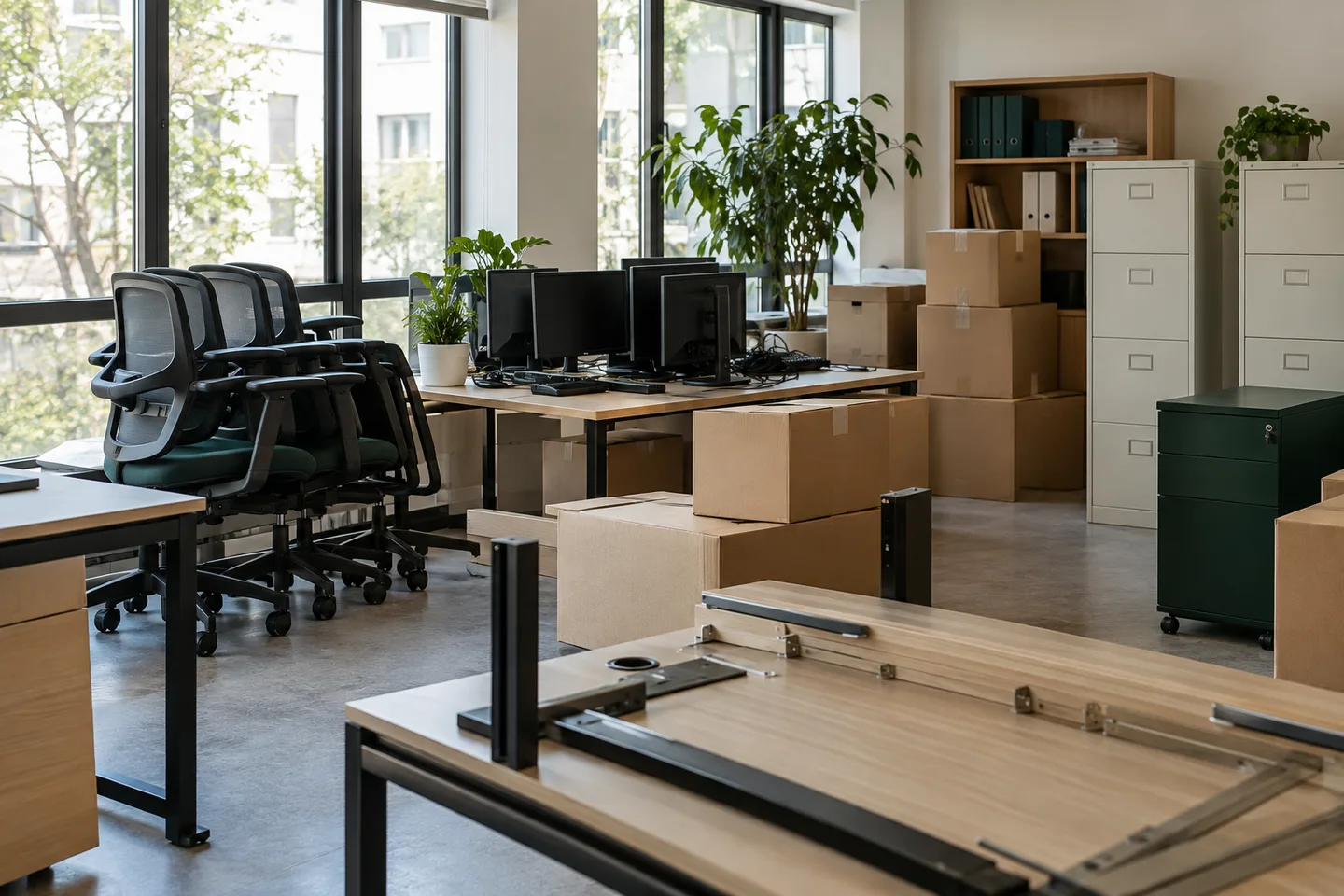 Bureaux démontés, sièges, écrans et cartons regroupés dans des locaux professionnels.
