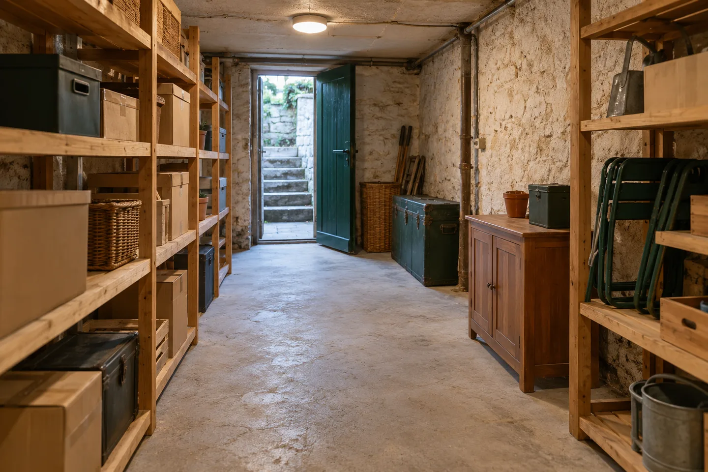 Étagères, cartons et petits meubles rangés dans une cave avec un passage dégagé.