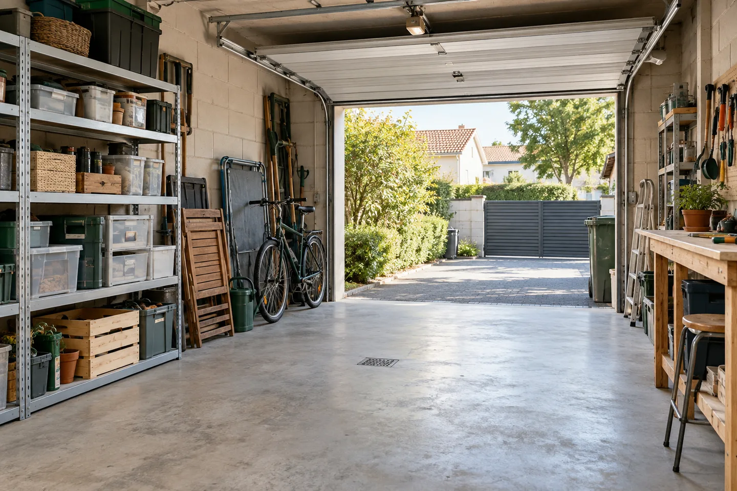 Étagères, cartons, vélo et établi dans un garage ouvert sur une allée.
