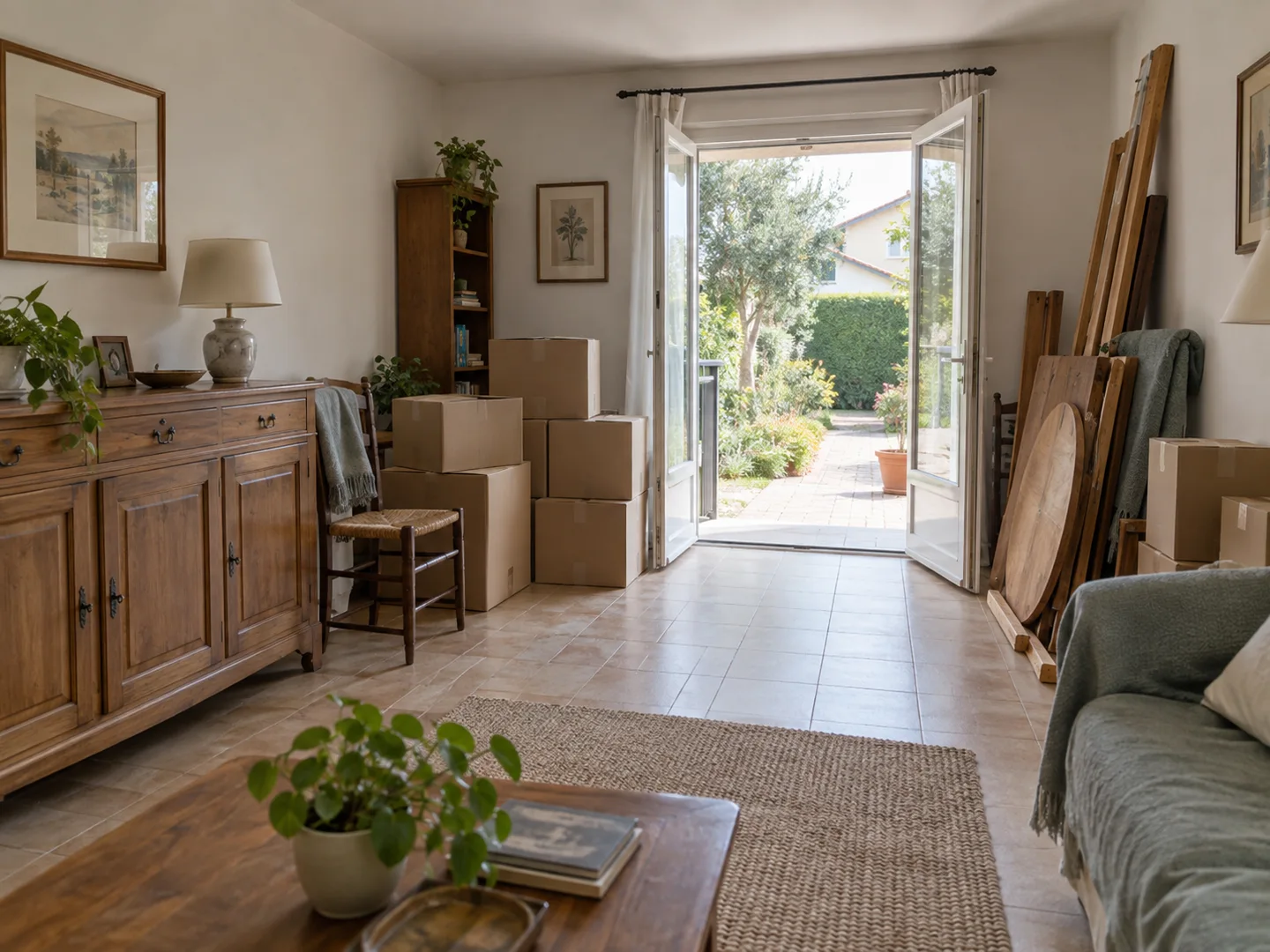 Meubles et cartons regroupés dans une maison avant débarras, avec un accès dégagé vers le jardin.