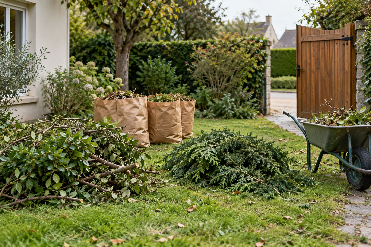 Branchages et résidus de taille séparés dans un jardin avant leur enlèvement.