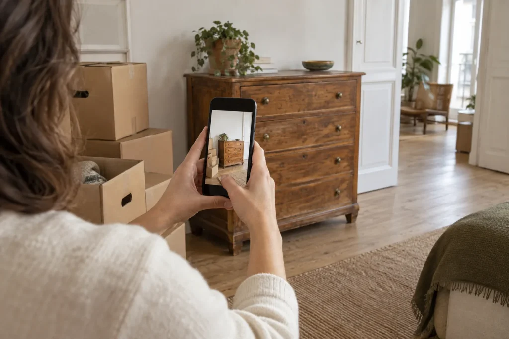 Une personne photographie une commode et des cartons pour préparer sa demande de débarras.