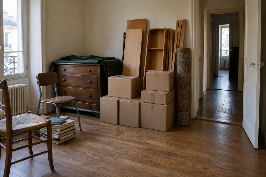 Meubles démontés, chaises et cartons regroupés dans un appartement avant débarras.