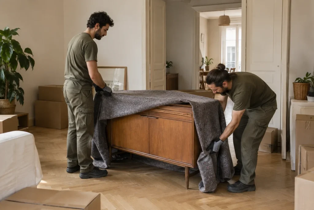 Deux professionnels protègent un buffet avec une couverture avant son enlèvement.