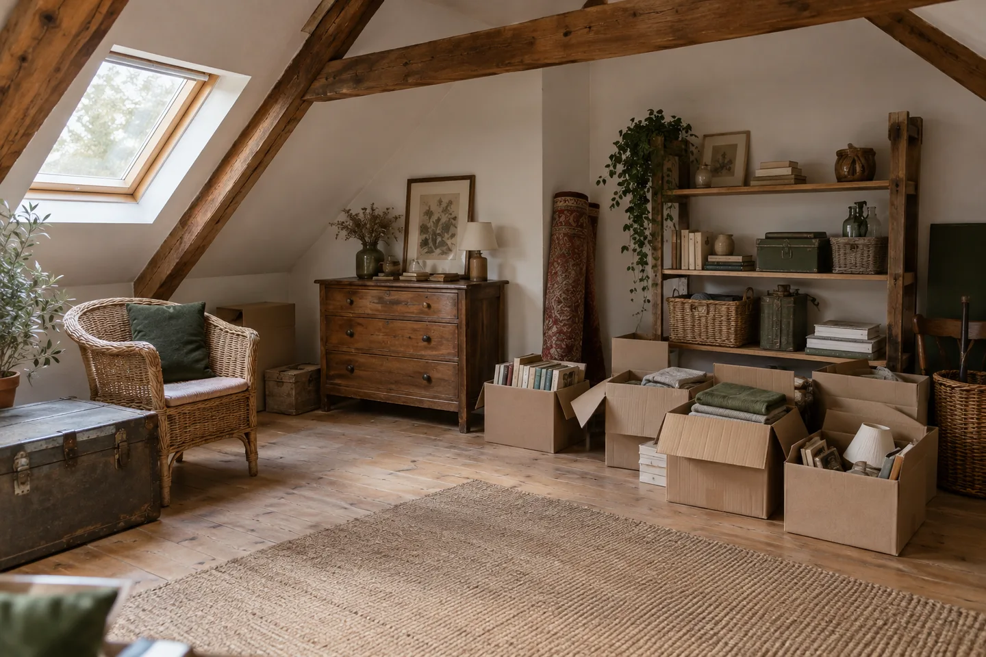 Meubles, livres et cartons regroupés dans un grenier avant le débarras de la maison.