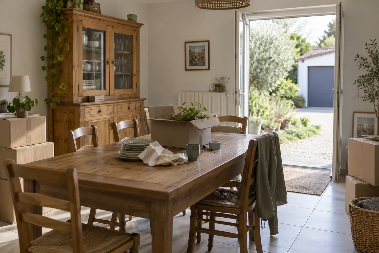 Table, chaises et cartons regroupés dans une maison avant débarras.