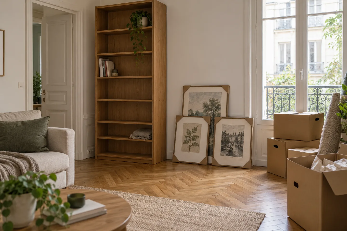 Bibliothèque, canapé et cadres protégés avant un débarras d’appartement.