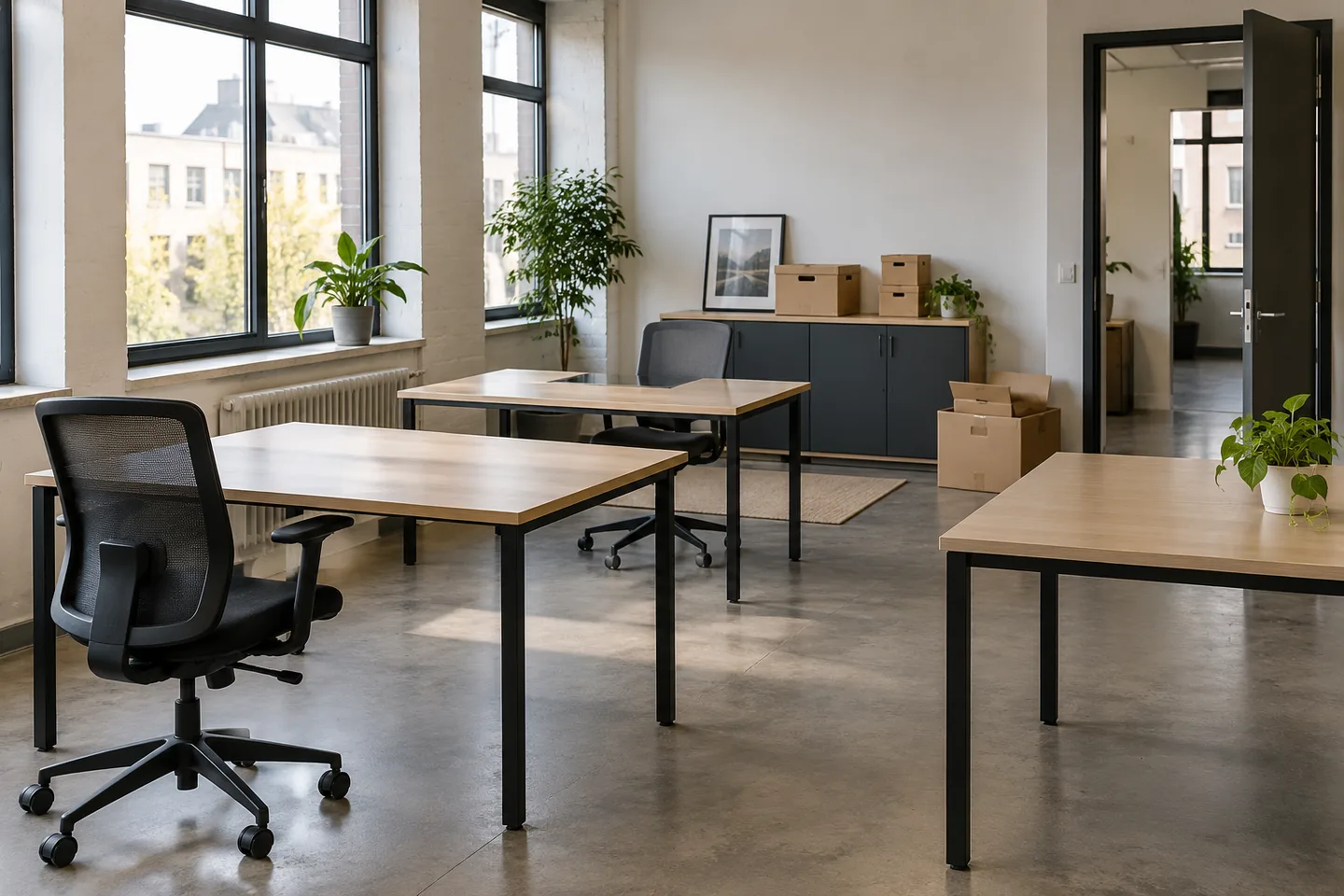 Bureaux, sièges séparés et boîtes d’archives dans des locaux à vider.