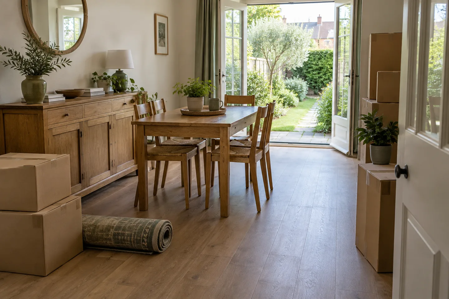 Buffet, chaises et cartons dans une maison ouverte sur le jardin.
