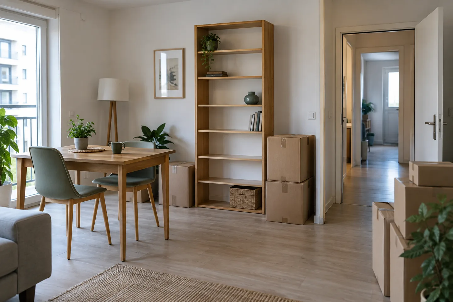 Table, bibliothèque et cartons réunis dans un appartement.