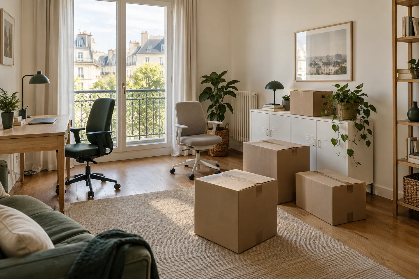 Bureau, sièges séparés et cartons dans une pièce à désencombrer.