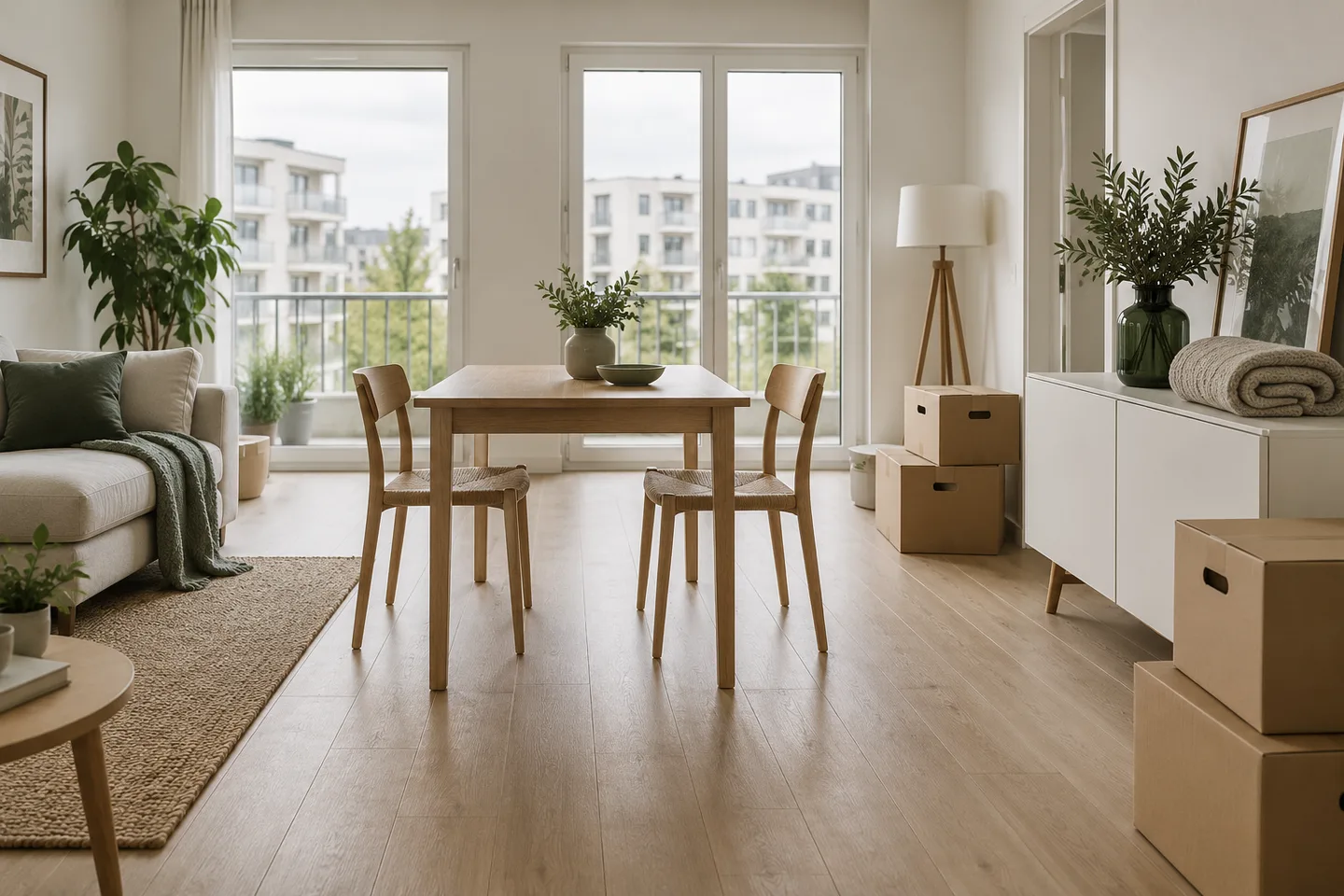 Table, chaises et cartons dans un appartement lumineux avant un débarras.