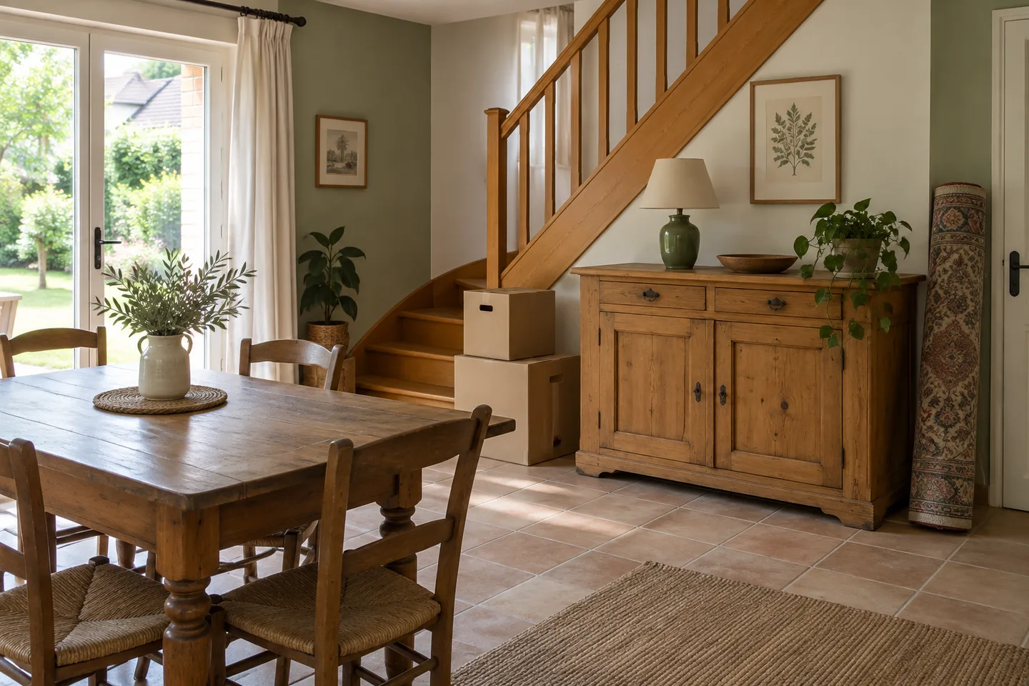 Buffet, table et cartons au rez-de-chaussée d’une maison avec escalier.
