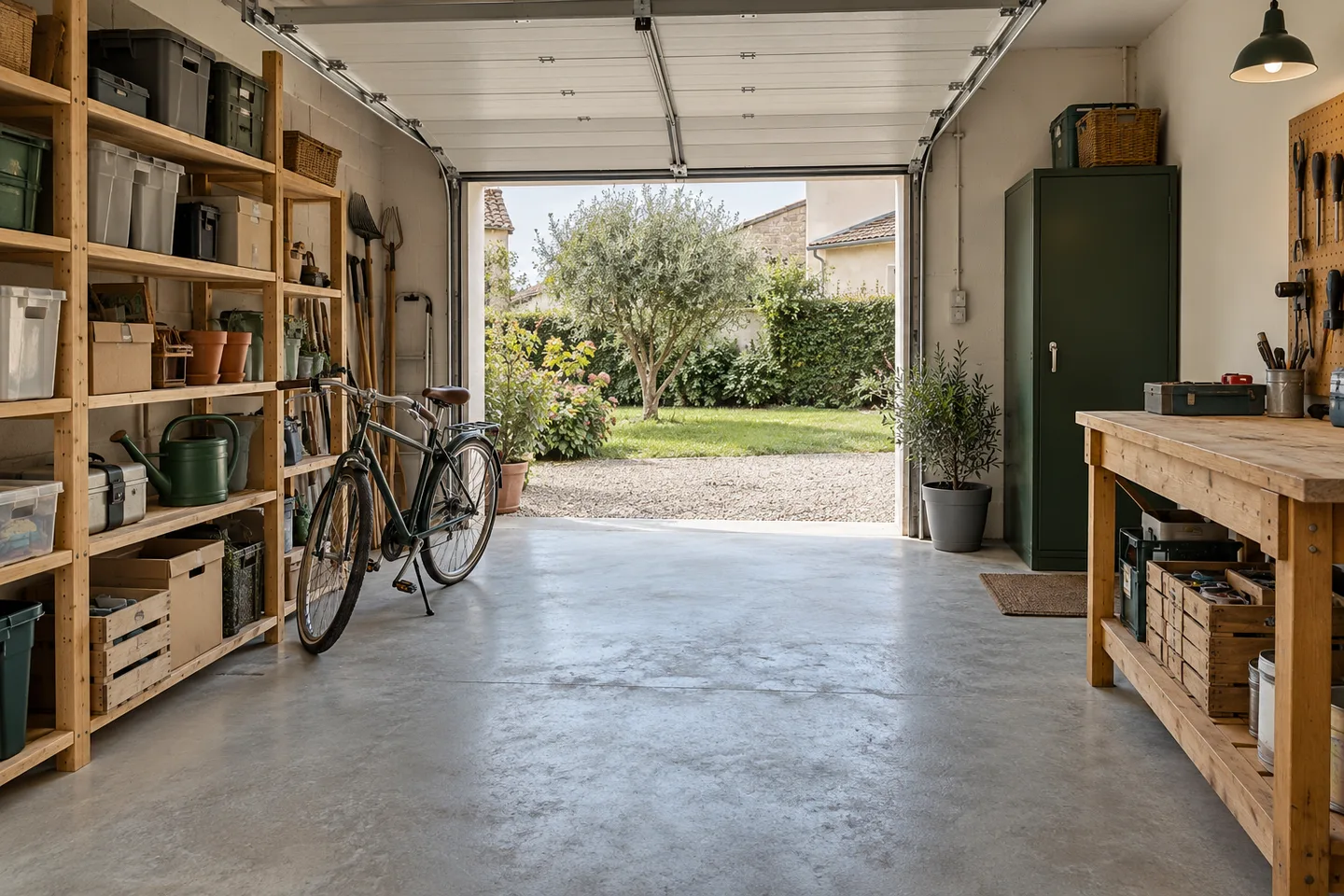 Rangements, cartons et vélo dans un garage ouvert sur le jardin.