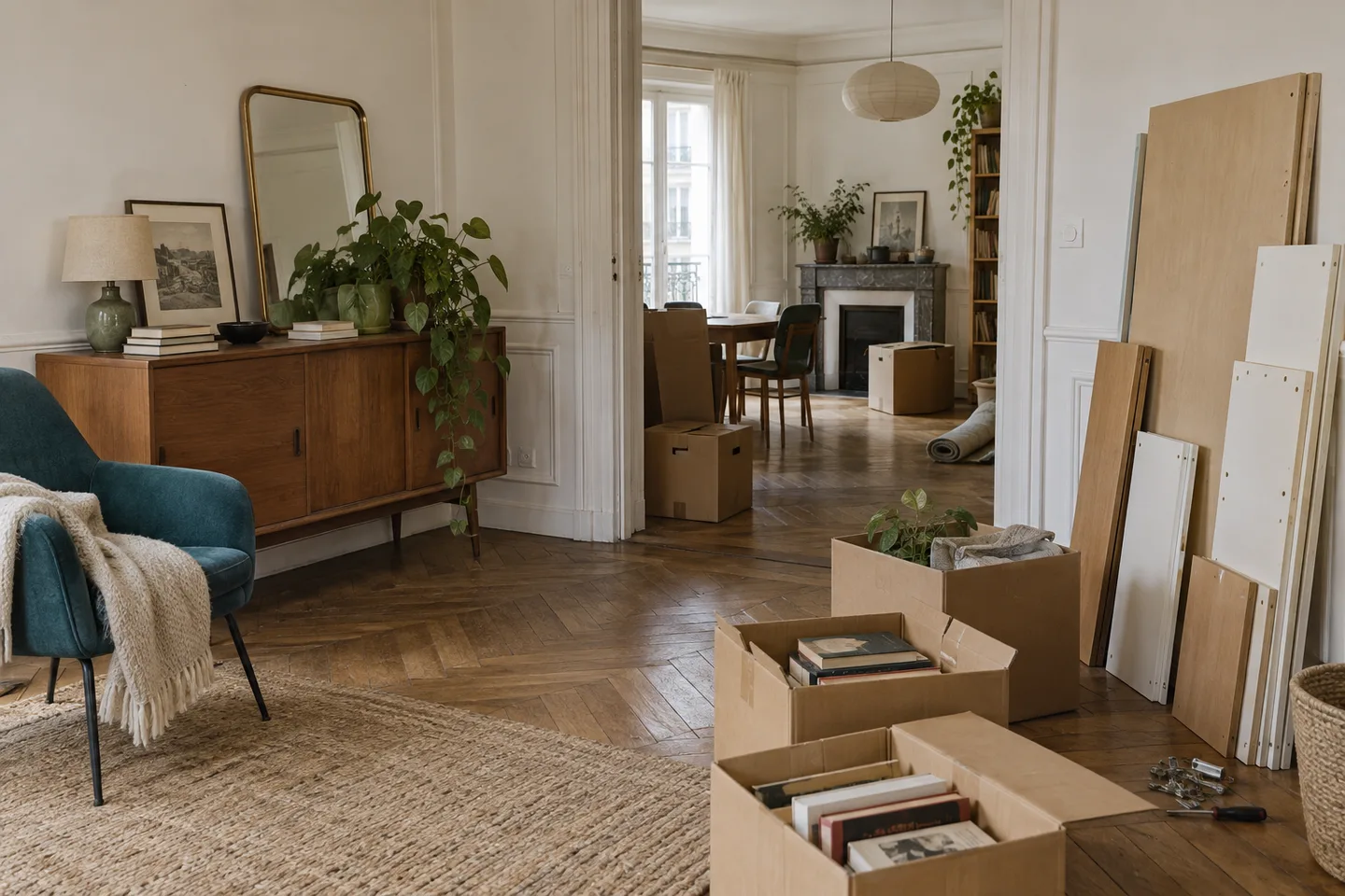 Buffet, livres en cartons et éléments d’étagère dans un appartement.
