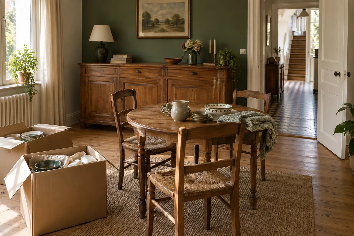Salle à manger avec buffet en bois et cartons de vaisselle à trier