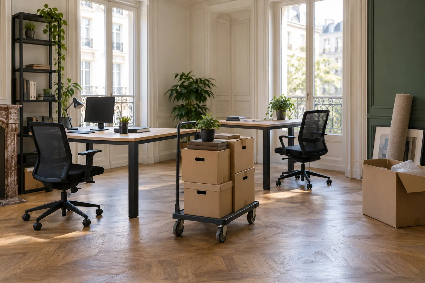 Bureaux, sièges séparés et boîtes d’archives dans des locaux à vider.