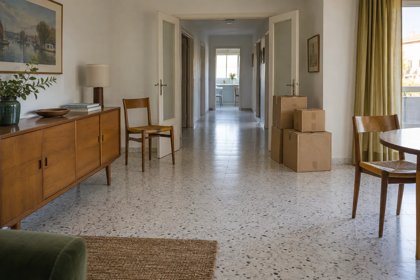 Meubles et cartons dans un appartement avec un couloir dégagé.