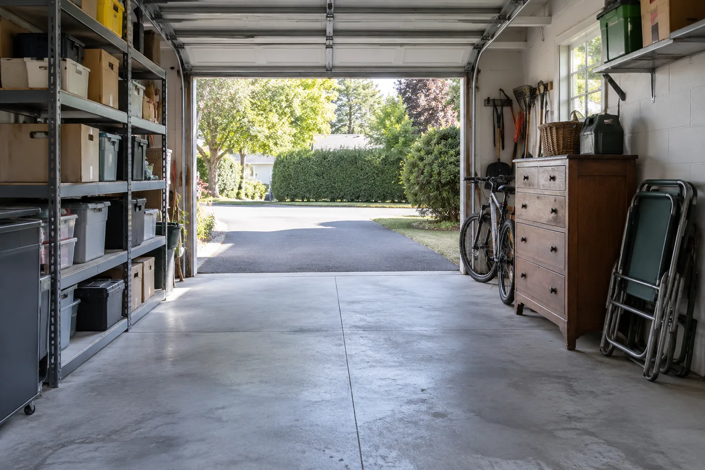 Étagères, vélo et commode dans un garage à désencombrer.