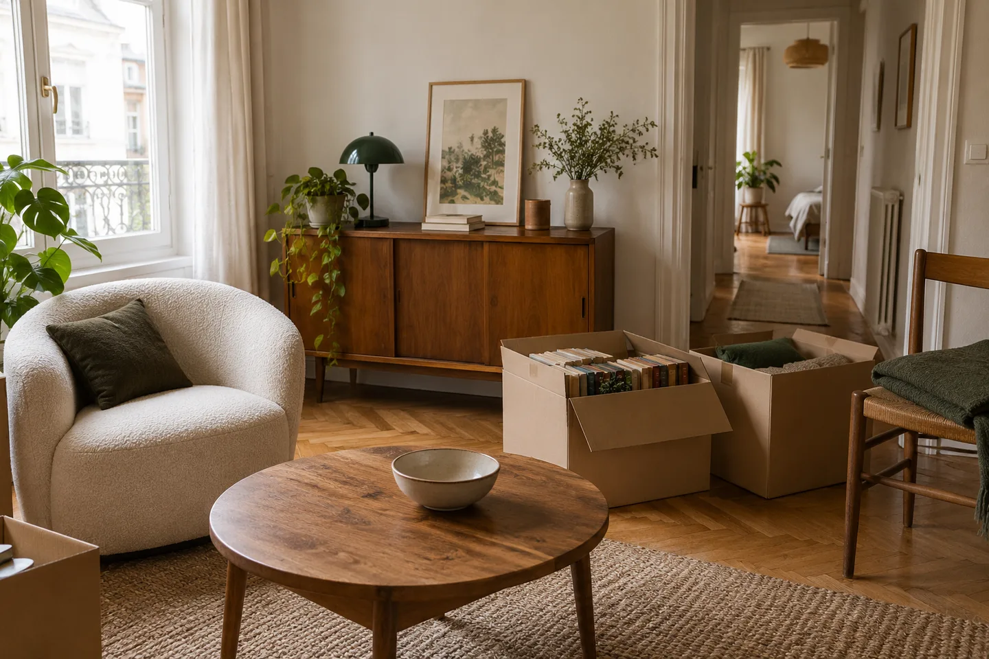 Fauteuil, buffet et cartons préparés dans un appartement avant enlèvement.