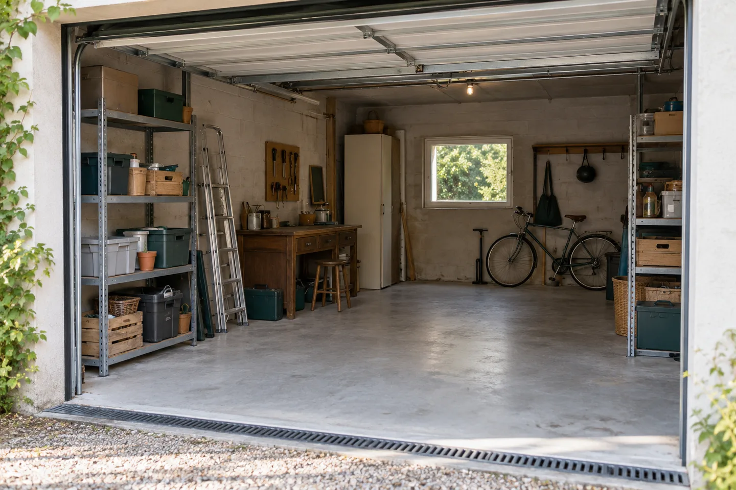 Garage de maison avec étagères, meubles et cartons à trier.