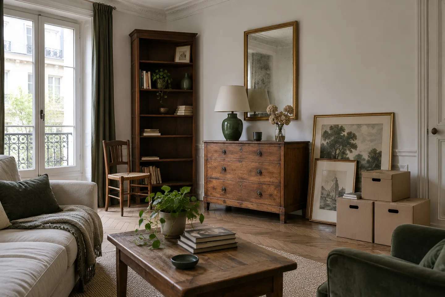 Commode ancienne, bibliothèque et cadres dans un logement à vider.