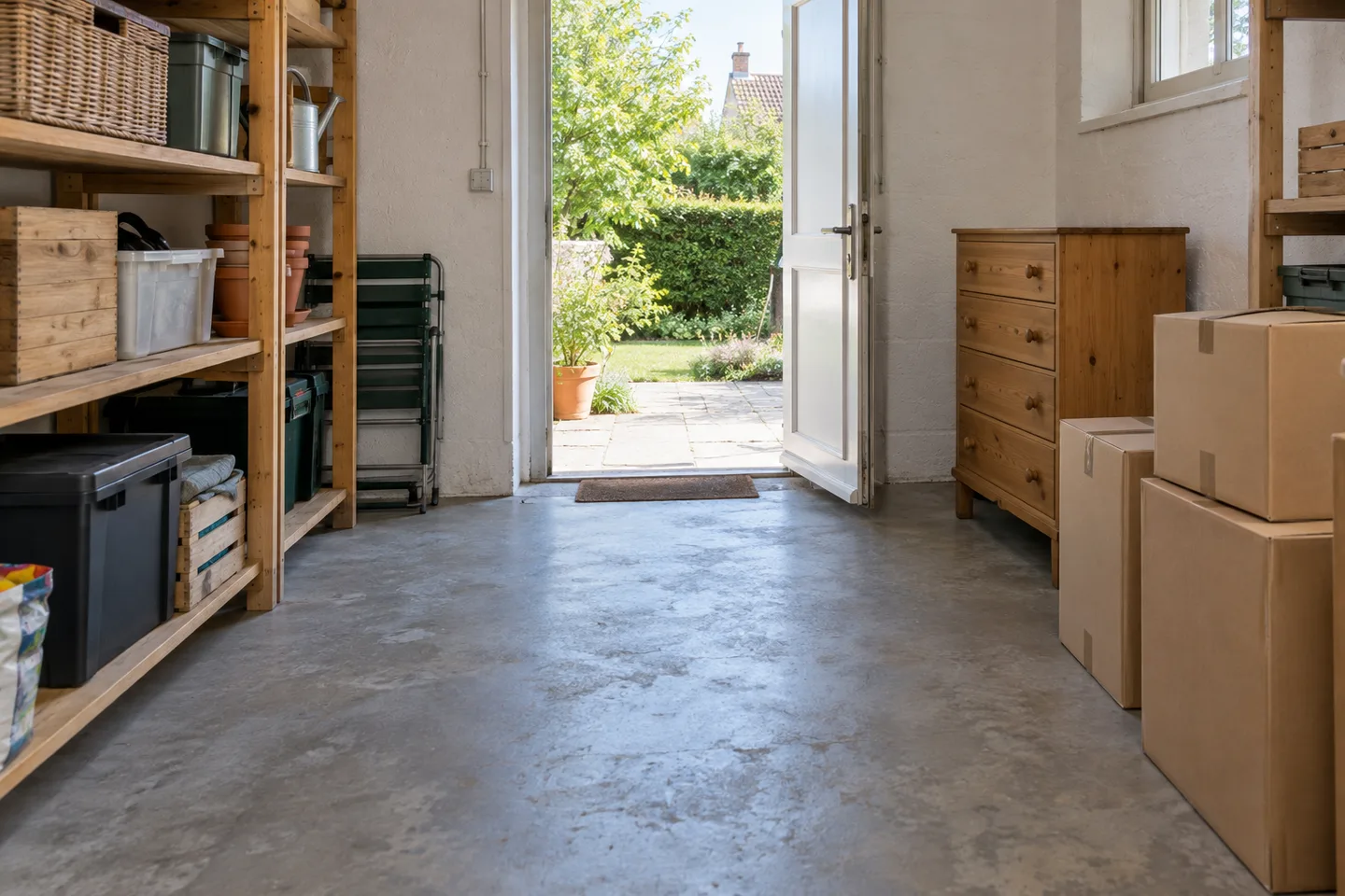 Étagères, commode et cartons dans une dépendance donnant sur un jardin.