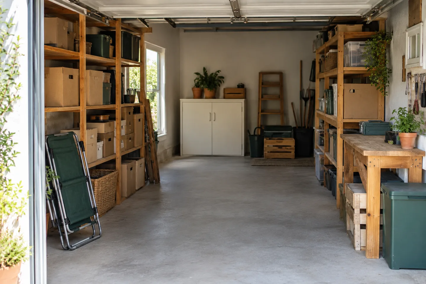 Étagères, outils et cartons rangés dans un garage avec un passage dégagé.