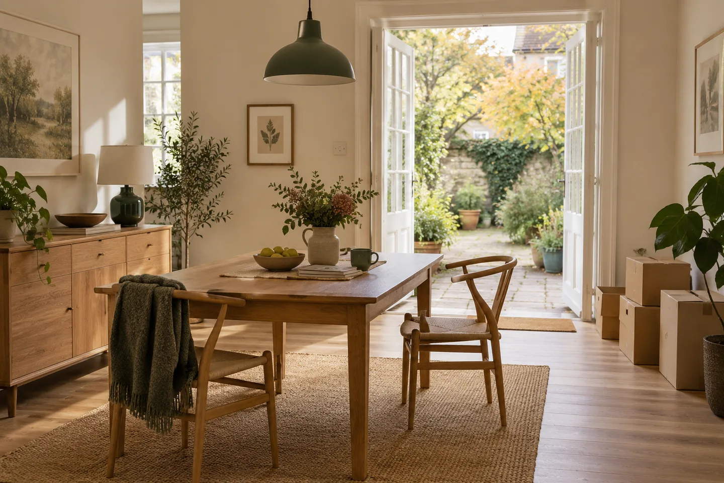 Salle à manger avec mobilier en bois, cartons et accès vers le jardin.