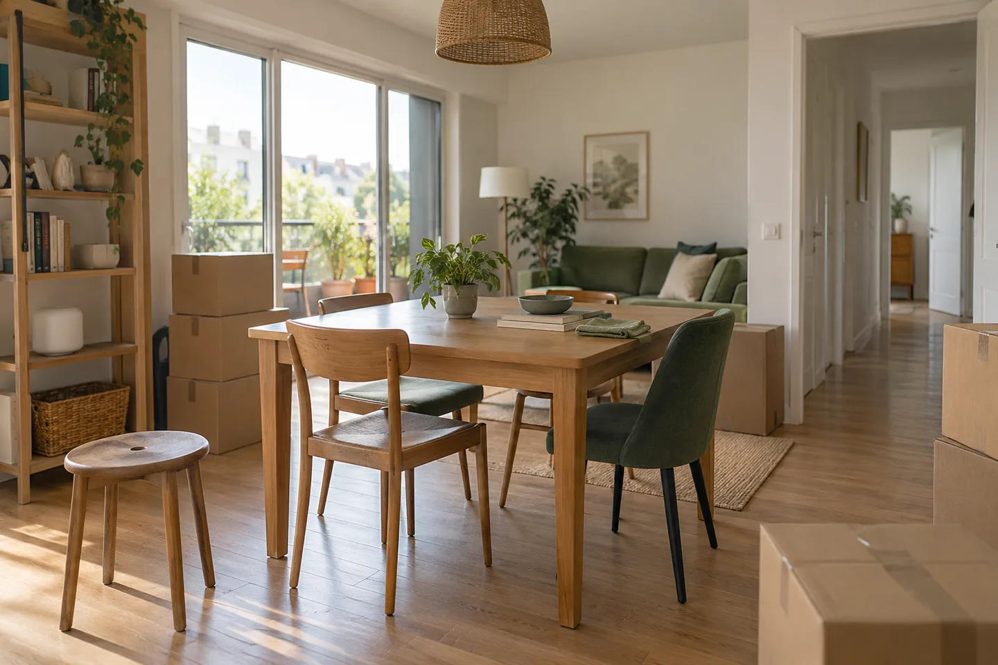 Table, bibliothèque et cartons dans un appartement avec balcon.