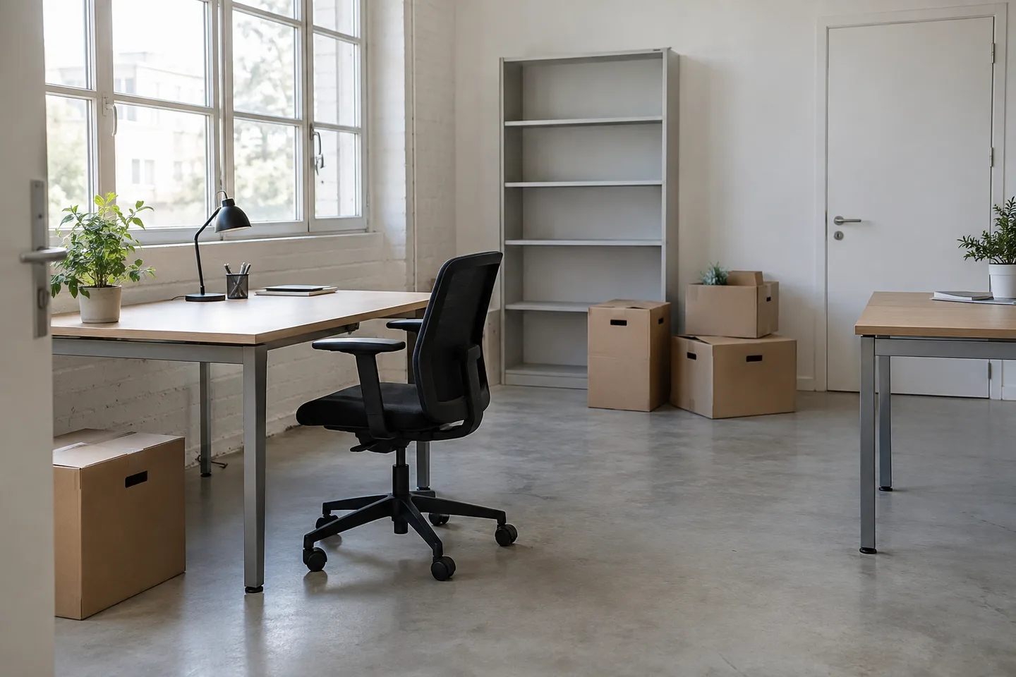 Bureaux, étagère et boîtes d’archives dans un local professionnel.