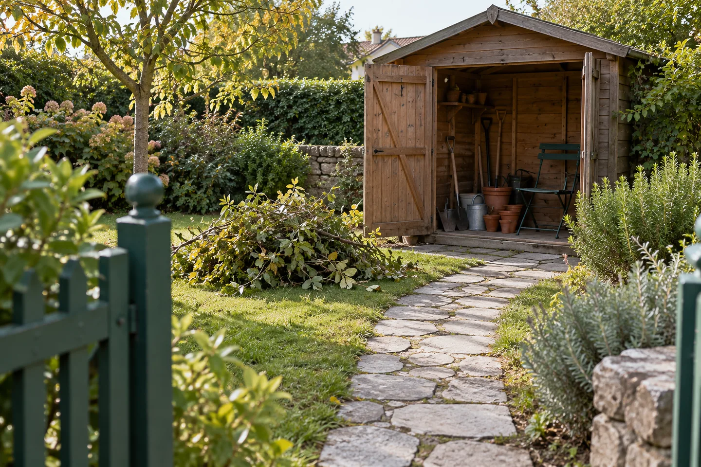 Abri de jardin ouvert, outils, pots et branches regroupées au bord d’une allée.
