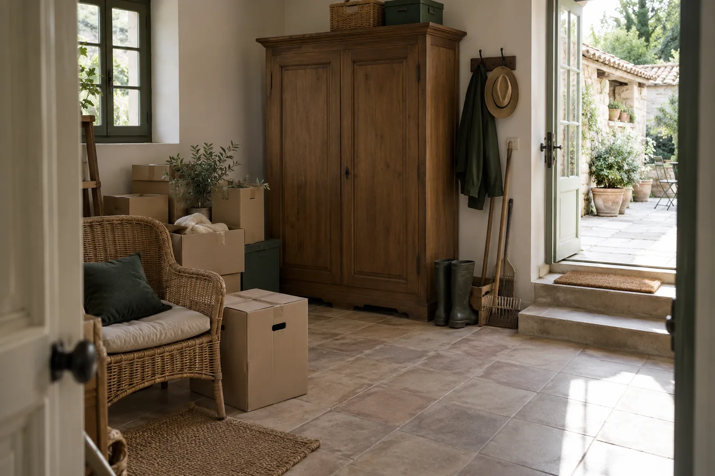 Armoire, fauteuil et cartons dans une annexe donnant sur une cour.