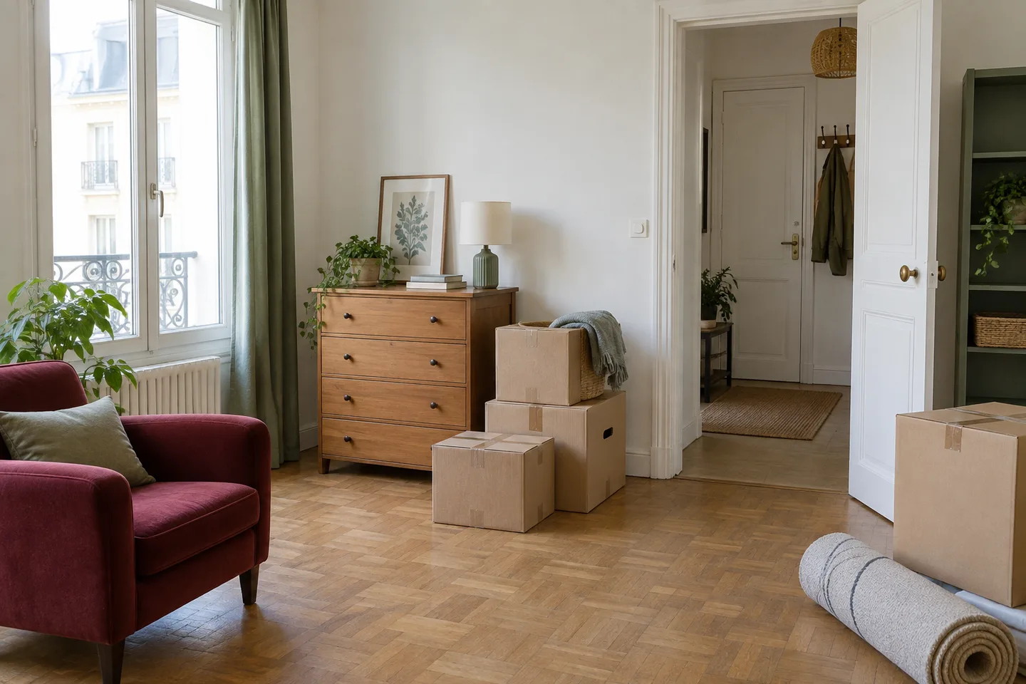 Commode, fauteuil et cartons dans un petit appartement à vider.