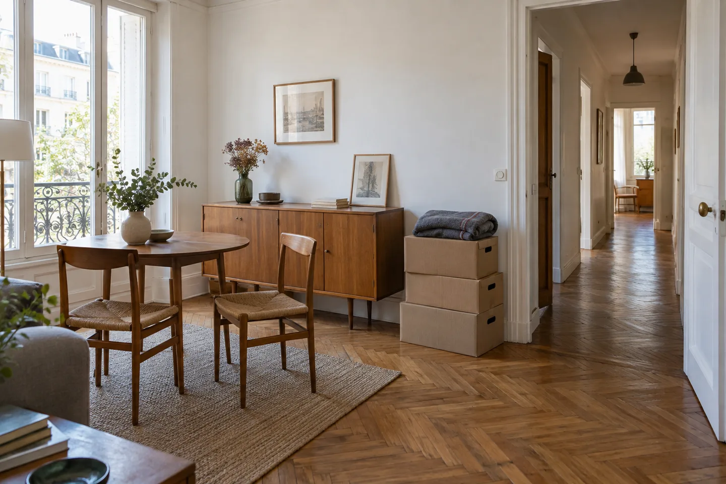 Table, chaises et cartons près du passage vers l’entrée d’un appartement.