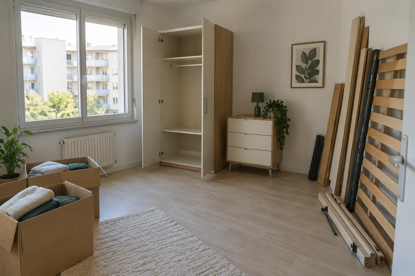 Chambre avec armoire vide et éléments de lit démontés