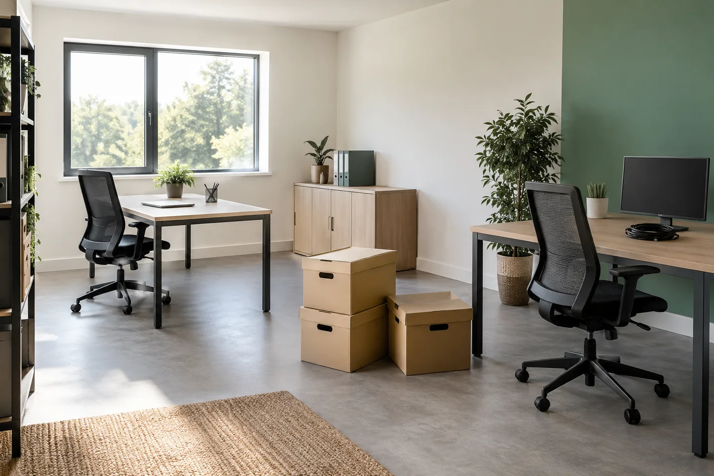 Bureaux avec deux postes de travail, chaises et cartons à inventorier