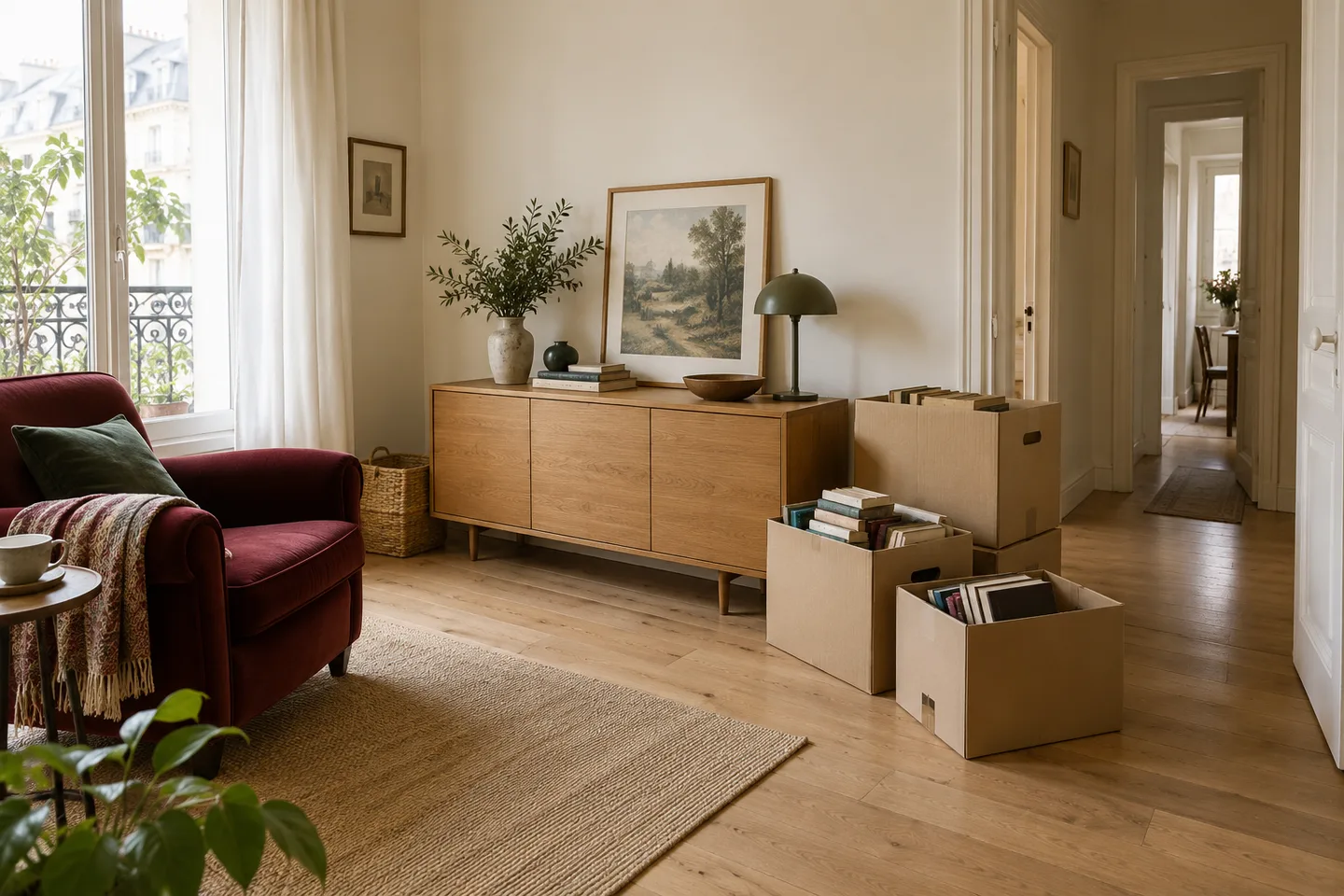 Buffet en bois, fauteuil et cartons de livres dans un appartement à vider.