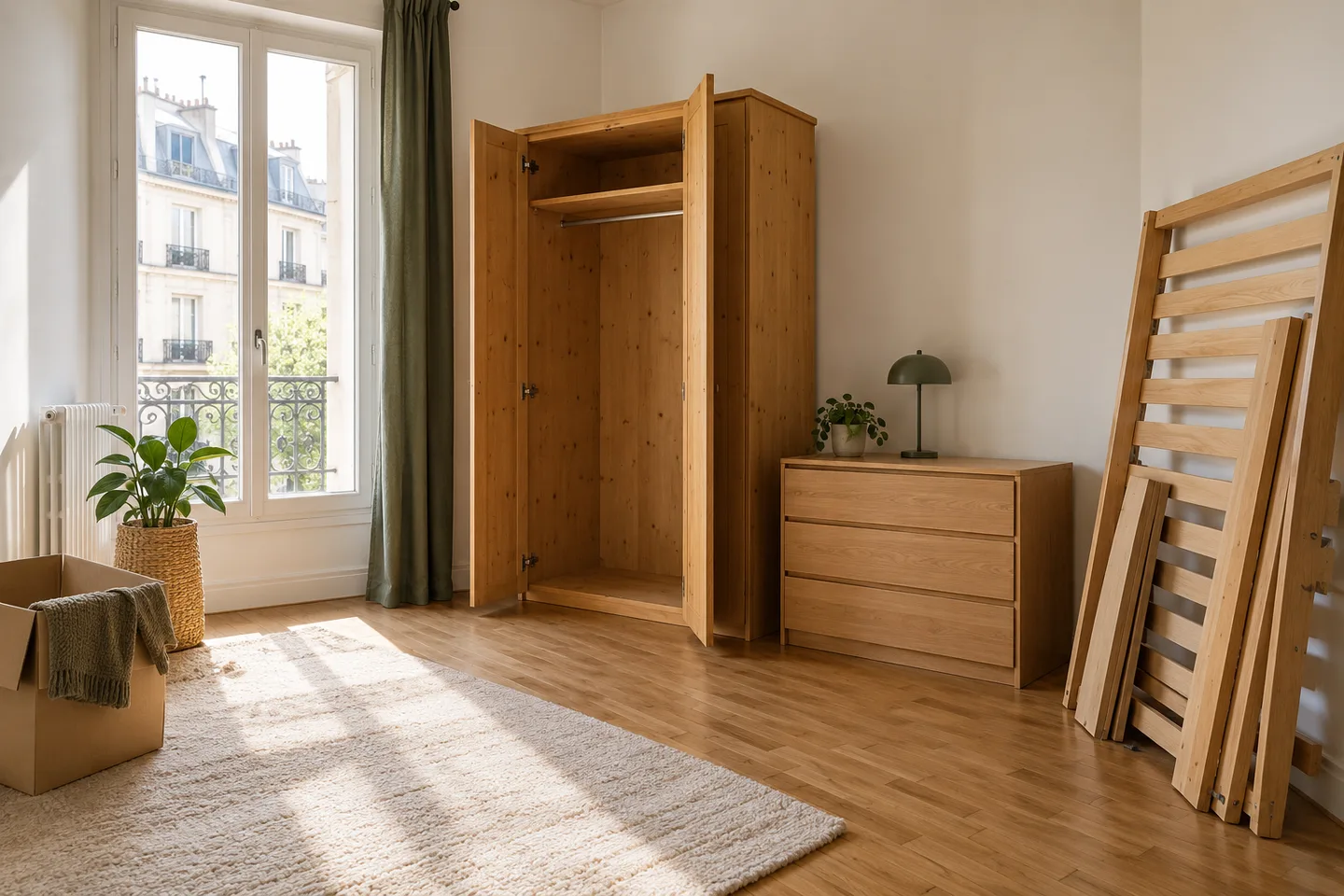 Armoire, commode et éléments de lit démontés dans une chambre à libérer.