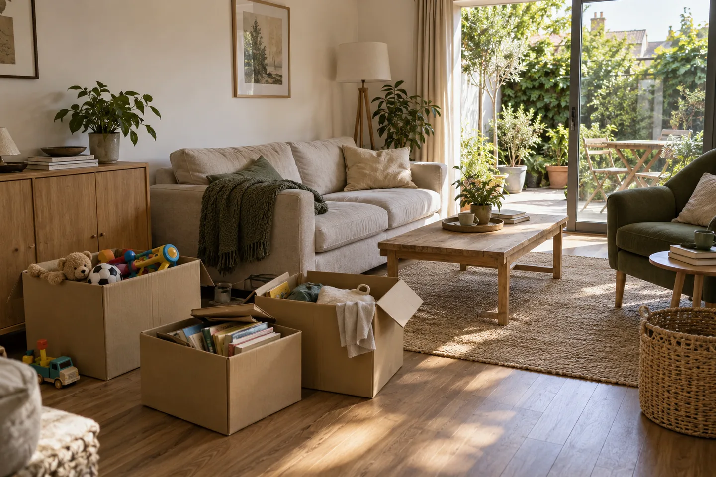 Salon familial avec mobilier et cartons d’objets à trier