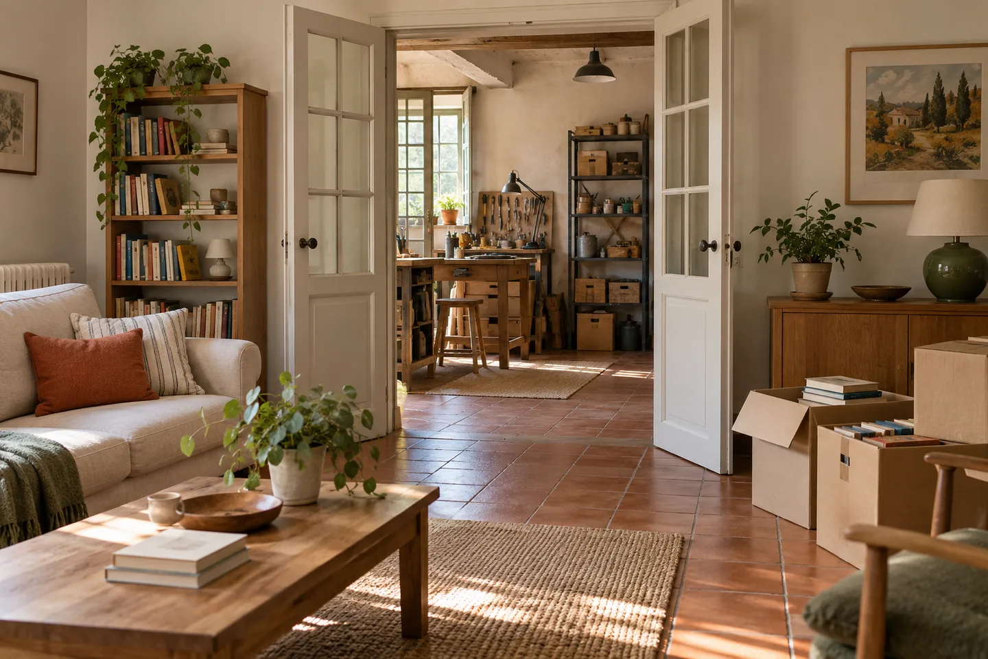 Mobilier et cartons dans une pièce ouverte sur un atelier.