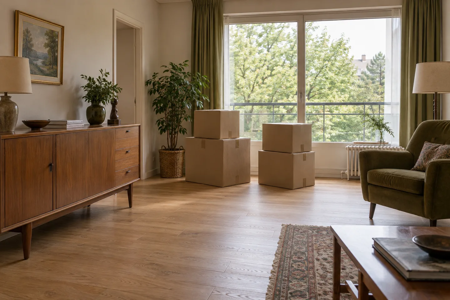 Buffet, fauteuil et cartons dans un séjour avec un passage dégagé.