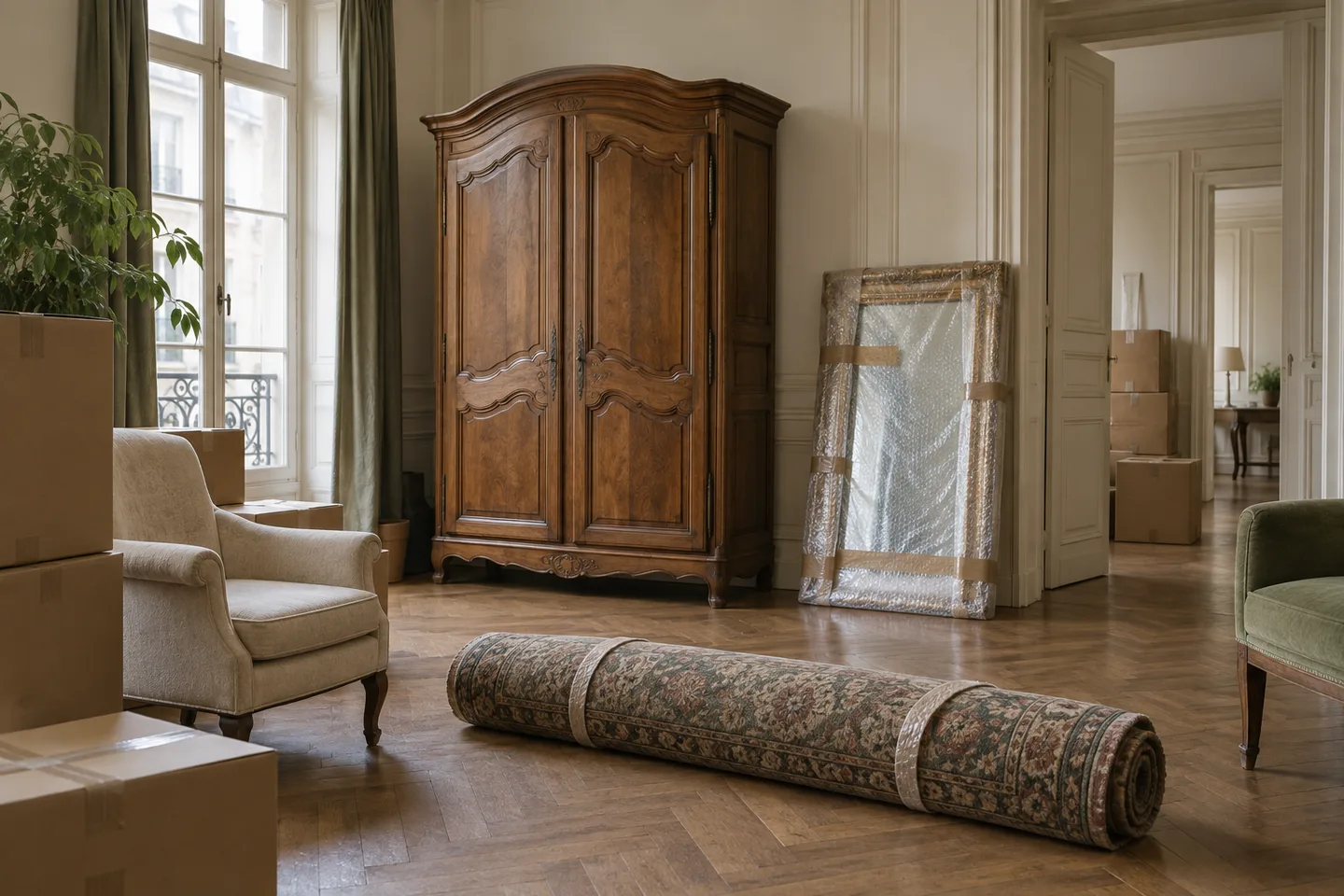 Armoire, miroir protégé et tapis roulé préparés avant enlèvement.