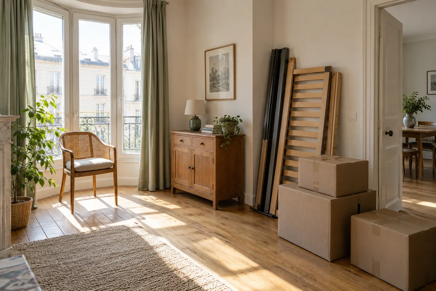 Buffet, chaise, éléments de lit démonté et cartons avant enlèvement.