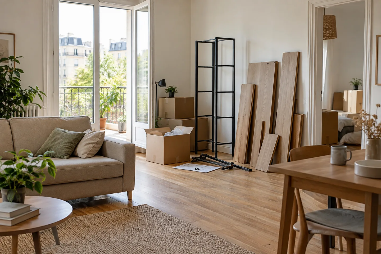 Canapé, panneaux de meuble et cartons dans un appartement avec balcon.