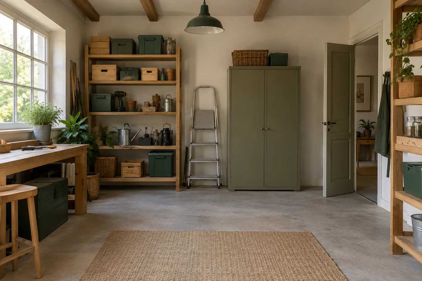 Atelier avec étagères, outils et armoire à inventorier avant enlèvement