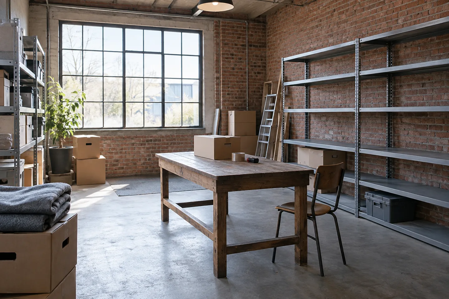 Table, étagères et cartons dans un atelier à libérer.